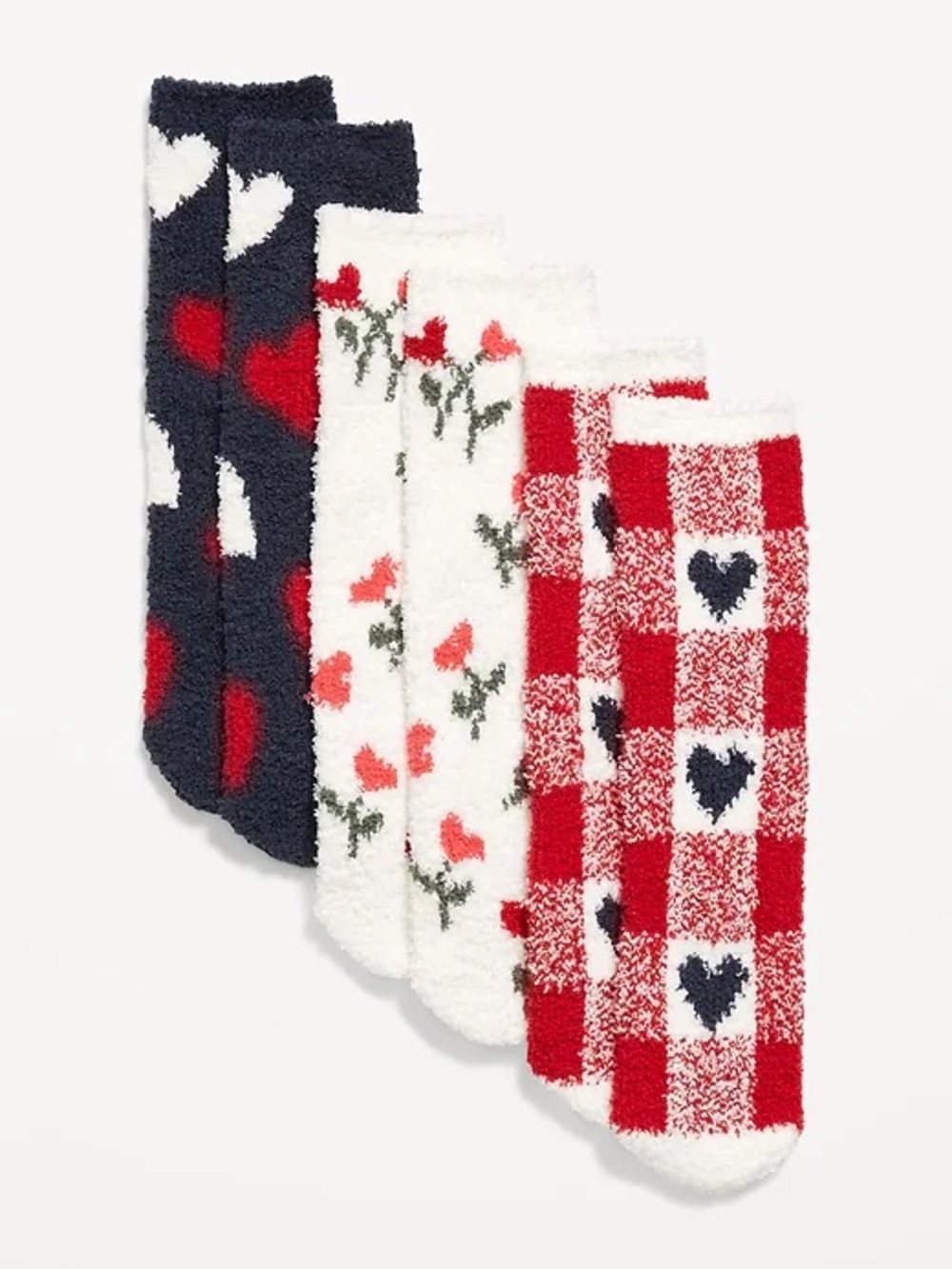Cozy Heart & Floral Fuzzy Socks - 3-Pack (Red, White, Navy)